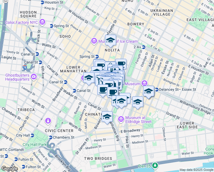 map of restaurants, bars, coffee shops, grocery stores, and more near 112 Elizabeth Street in New York