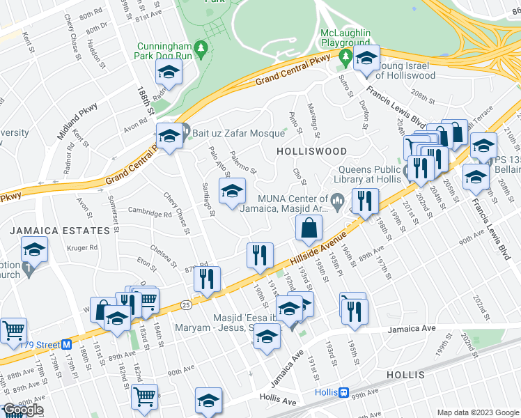 map of restaurants, bars, coffee shops, grocery stores, and more near 86-88 Palermo Street in Queens
