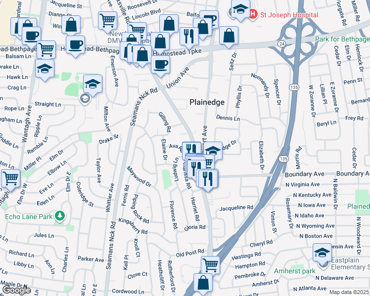 map of restaurants, bars, coffee shops, grocery stores, and more near 4313 Ava Road in Bethpage
