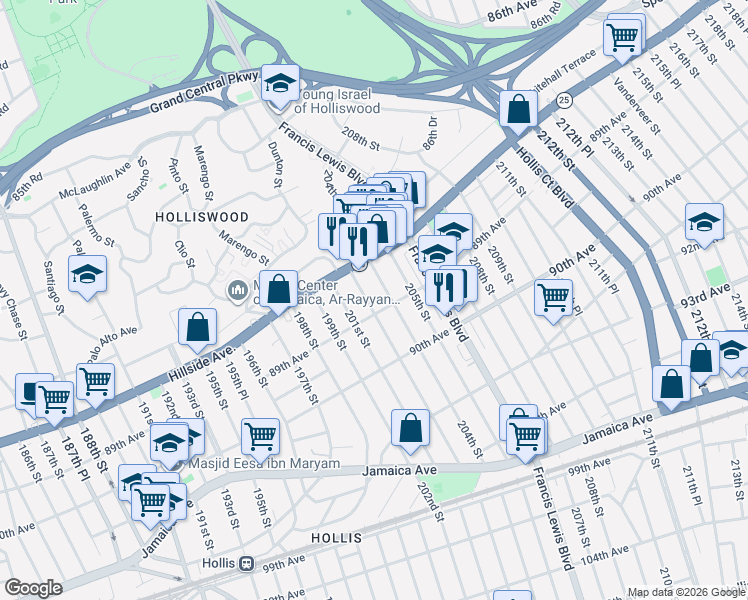 map of restaurants, bars, coffee shops, grocery stores, and more near 88-39 202nd Street in Queens