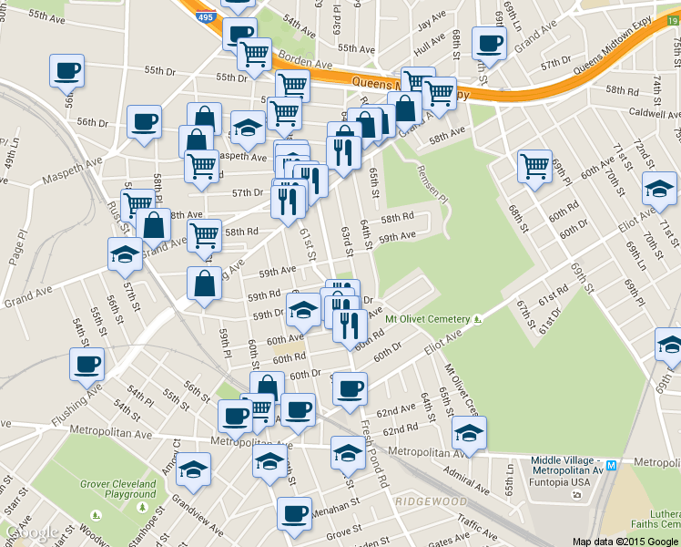 map of restaurants, bars, coffee shops, grocery stores, and more near 59-15 Fresh Pond Road in Queens
