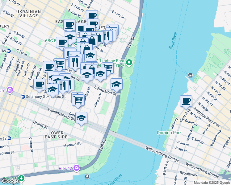 map of restaurants, bars, coffee shops, grocery stores, and more near 500 East Houston Street in New York