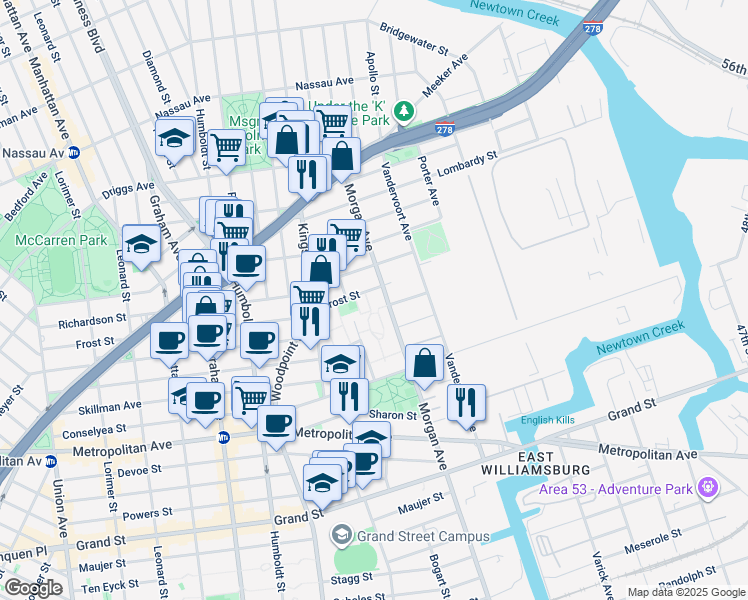 map of restaurants, bars, coffee shops, grocery stores, and more near 340 Frost Street in Brooklyn