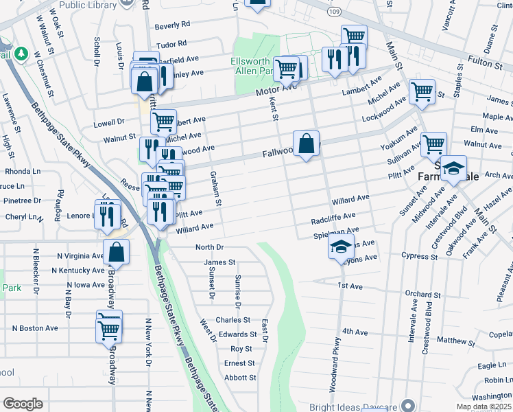 map of restaurants, bars, coffee shops, grocery stores, and more near 150 Plitt Avenue in Farmingdale