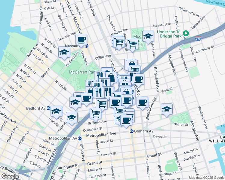 map of restaurants, bars, coffee shops, grocery stores, and more near 415 Manhattan Avenue in Brooklyn