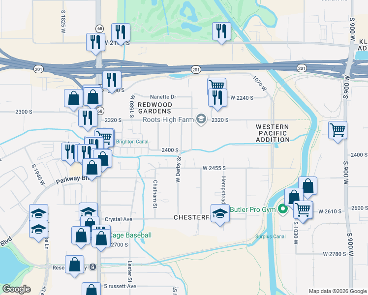 map of restaurants, bars, coffee shops, grocery stores, and more near 1388 West 2400 South in West Valley City