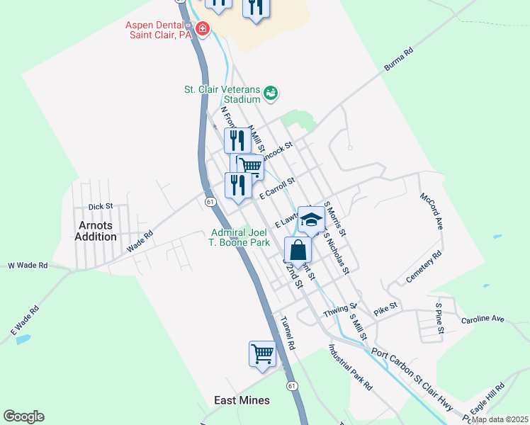 map of restaurants, bars, coffee shops, grocery stores, and more near 29 South 2nd Street in Saint Clair