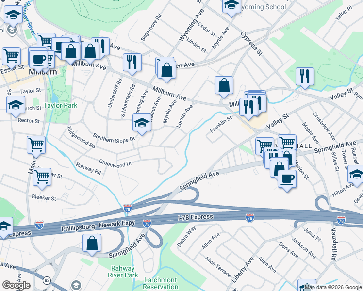 map of restaurants, bars, coffee shops, grocery stores, and more near 822 Ridgewood Road in Essex County