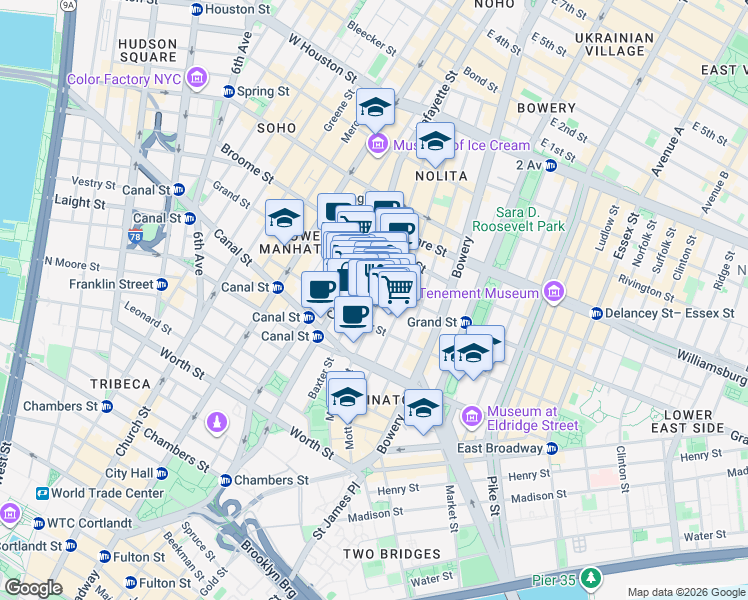 map of restaurants, bars, coffee shops, grocery stores, and more near 145 Mulberry Street in New York
