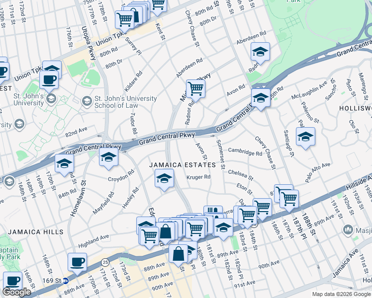 map of restaurants, bars, coffee shops, grocery stores, and more near 84-33 Radnor Street in Queens