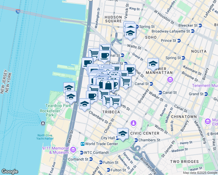 map of restaurants, bars, coffee shops, grocery stores, and more near 162 Franklin Street in New York