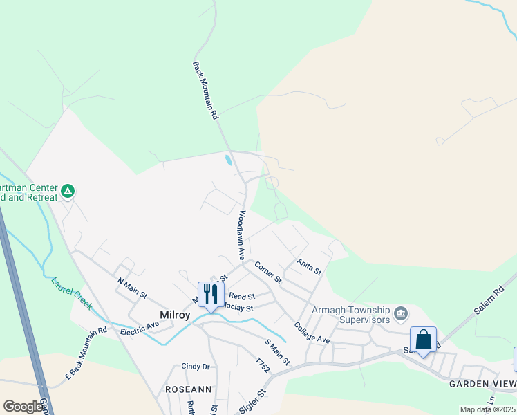 map of restaurants, bars, coffee shops, grocery stores, and more near 8726 Back Mountain Road in Milroy