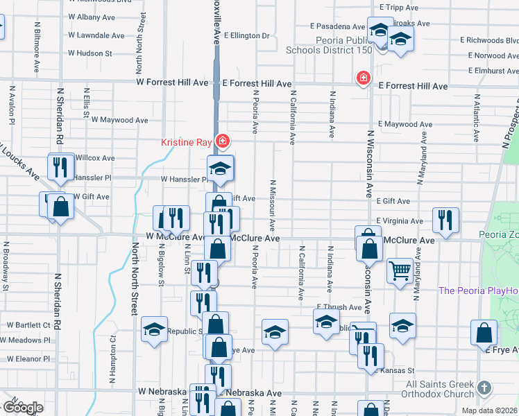 map of restaurants, bars, coffee shops, grocery stores, and more near 2609 North Missouri Avenue in Peoria