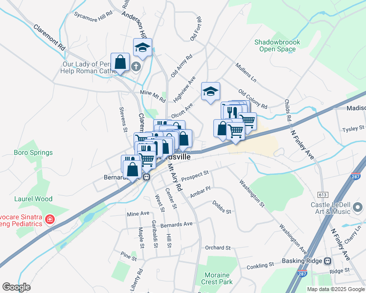 map of restaurants, bars, coffee shops, grocery stores, and more near 22 Morristown Road in Bernardsville