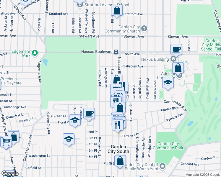 map of restaurants, bars, coffee shops, grocery stores, and more near 108 Chester Avenue in Garden City