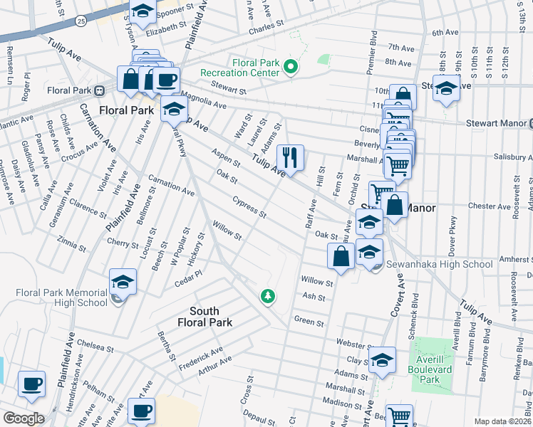 map of restaurants, bars, coffee shops, grocery stores, and more near 93 Cypress Street in Floral Park