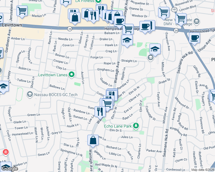 map of restaurants, bars, coffee shops, grocery stores, and more near 38 Griddle Lane in Levittown