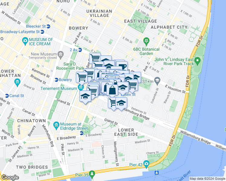 map of restaurants, bars, coffee shops, grocery stores, and more near 159 Rivington Street in New York