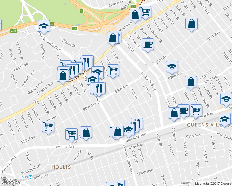 map of restaurants, bars, coffee shops, grocery stores, and more near 90-02 209th Street in Queens