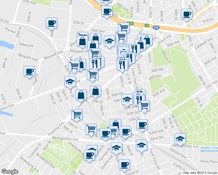 map of restaurants, bars, coffee shops, grocery stores, and more near 58-11 60th Street in Queens