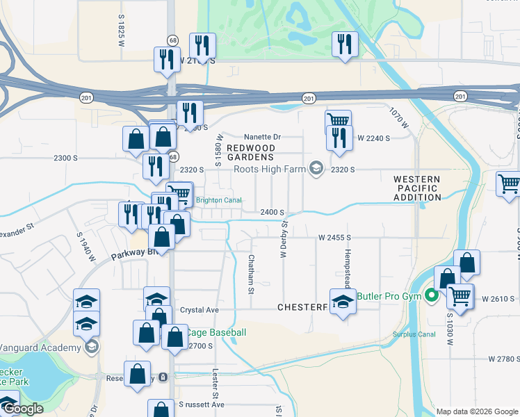 map of restaurants, bars, coffee shops, grocery stores, and more near 1454 West 2400 South in West Valley City