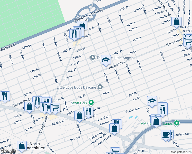 map of restaurants, bars, coffee shops, grocery stores, and more near 150 10th Avenue in West Babylon
