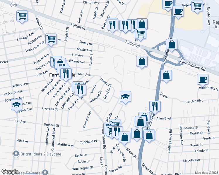 map of restaurants, bars, coffee shops, grocery stores, and more near 2 Nancy Drive in Farmingdale