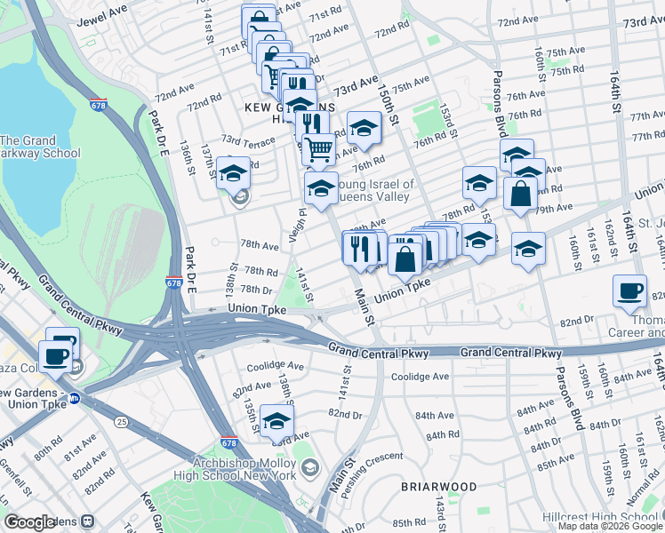 map of restaurants, bars, coffee shops, grocery stores, and more near 25 Main Street in Queens