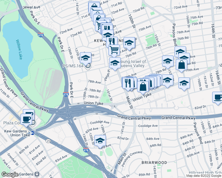 map of restaurants, bars, coffee shops, grocery stores, and more near 141-21 78th Road in Queens