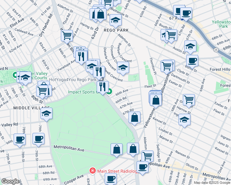 map of restaurants, bars, coffee shops, grocery stores, and more near 85-19 66th Avenue in Queens