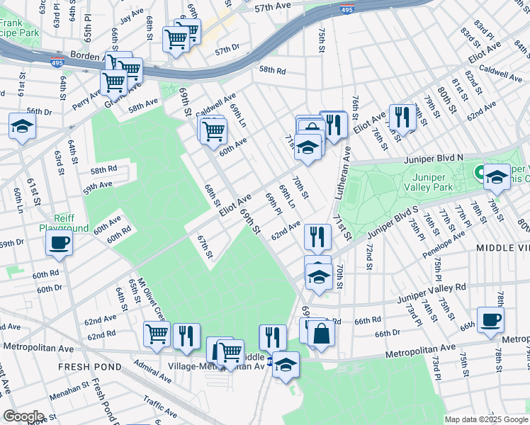 map of restaurants, bars, coffee shops, grocery stores, and more near 69-18 61st Road in Queens