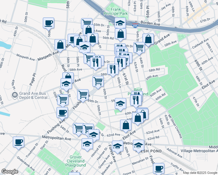 map of restaurants, bars, coffee shops, grocery stores, and more near 58-11 60th Street in Queens