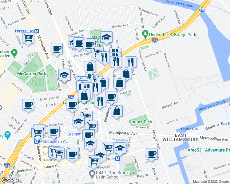 map of restaurants, bars, coffee shops, grocery stores, and more near 252 Richardson Street in Brooklyn