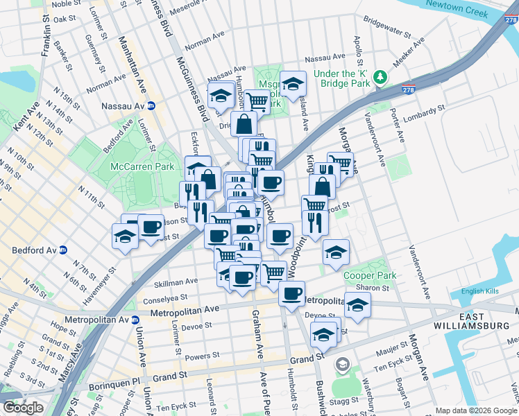 map of restaurants, bars, coffee shops, grocery stores, and more near 177 Richardson Street in Brooklyn