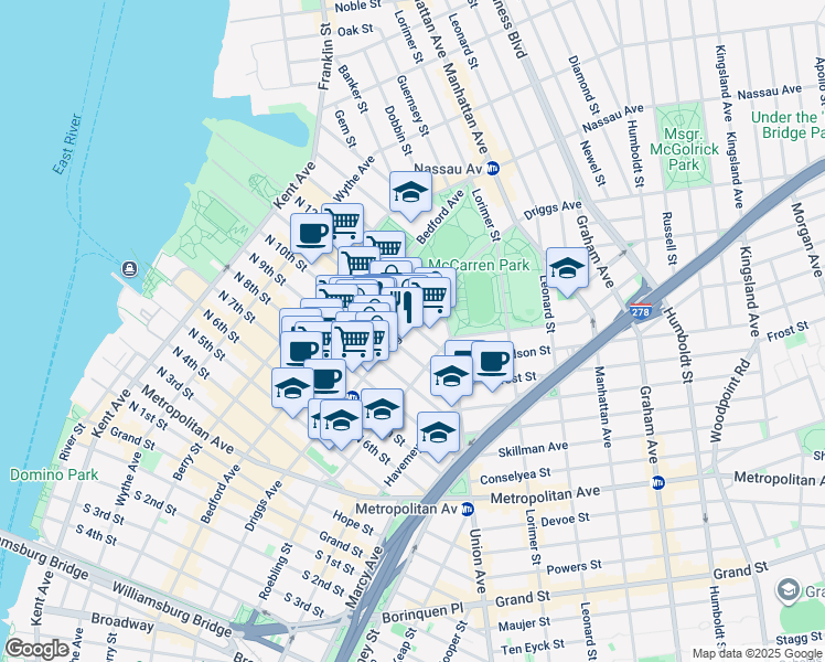 map of restaurants, bars, coffee shops, grocery stores, and more near 460 Driggs Avenue in Brooklyn