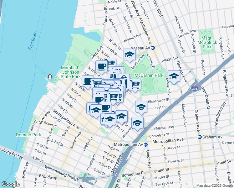map of restaurants, bars, coffee shops, grocery stores, and more near 167 North 9th Street in Brooklyn