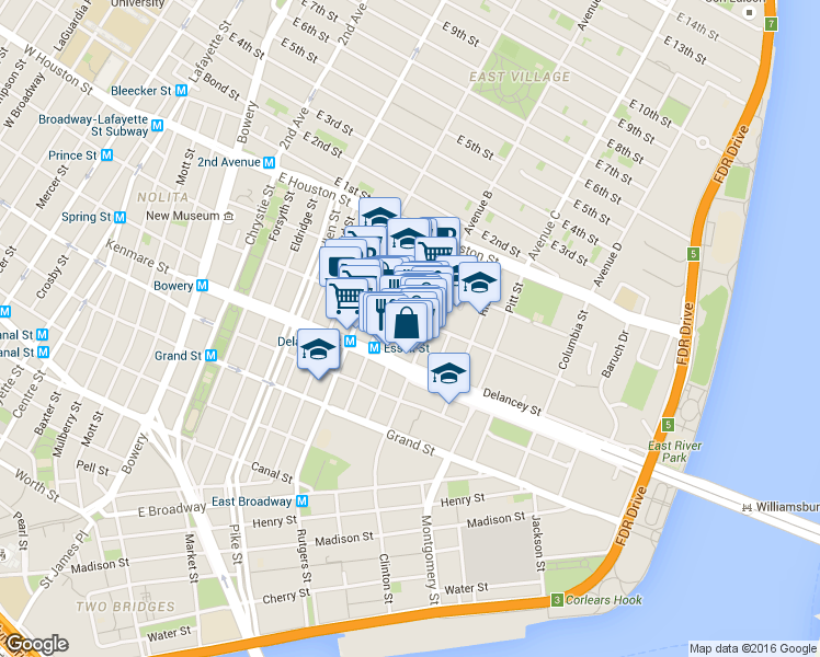 map of restaurants, bars, coffee shops, grocery stores, and more near 107 Suffolk Street in New York