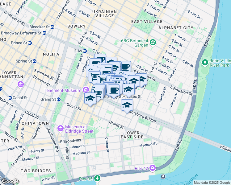 map of restaurants, bars, coffee shops, grocery stores, and more near 107 Suffolk Street in New York