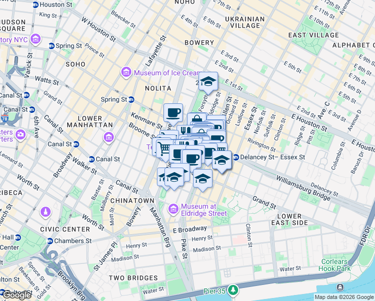 map of restaurants, bars, coffee shops, grocery stores, and more near 139 Eldridge Street in New York