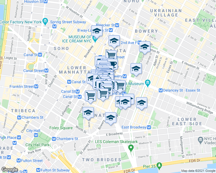 map of restaurants, bars, coffee shops, grocery stores, and more near 203 Grand Street in New York