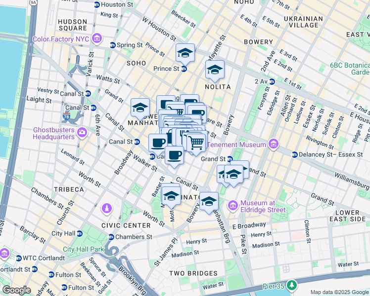 map of restaurants, bars, coffee shops, grocery stores, and more near 142 Mulberry Street in New York