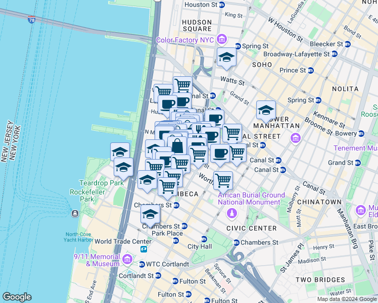 map of restaurants, bars, coffee shops, grocery stores, and more near 162 Franklin Street in New York