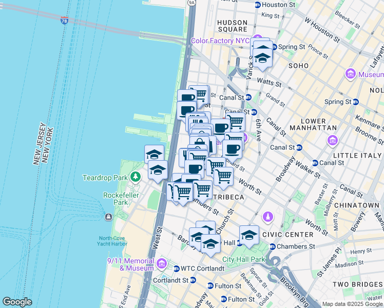 map of restaurants, bars, coffee shops, grocery stores, and more near 208 West Street in New York