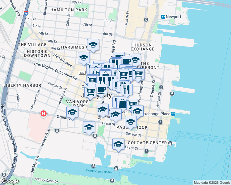 map of restaurants, bars, coffee shops, grocery stores, and more near 68 Christopher Columbus Drive in Jersey City