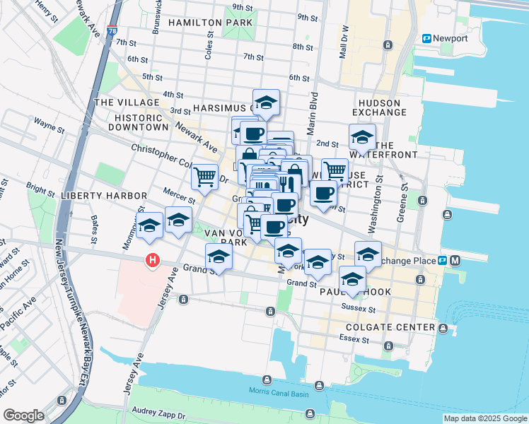map of restaurants, bars, coffee shops, grocery stores, and more near in Jersey City
