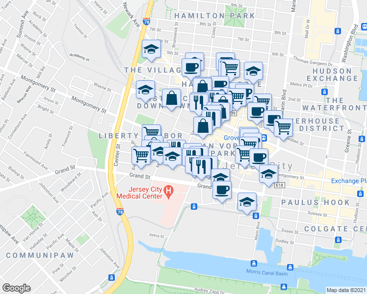 map of restaurants, bars, coffee shops, grocery stores, and more near 304 Varick Street in Jersey City