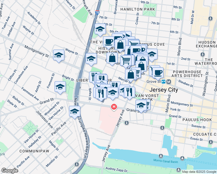 map of restaurants, bars, coffee shops, grocery stores, and more near in Jersey City