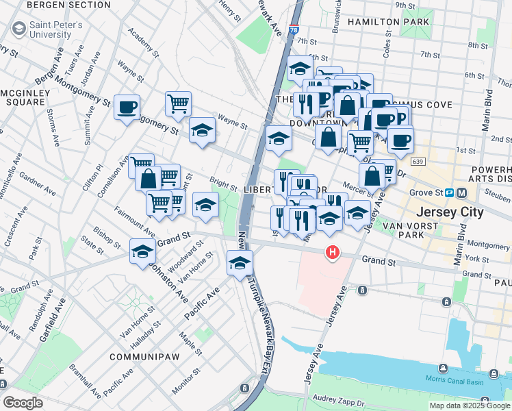 map of restaurants, bars, coffee shops, grocery stores, and more near 40 Center Street in Jersey City