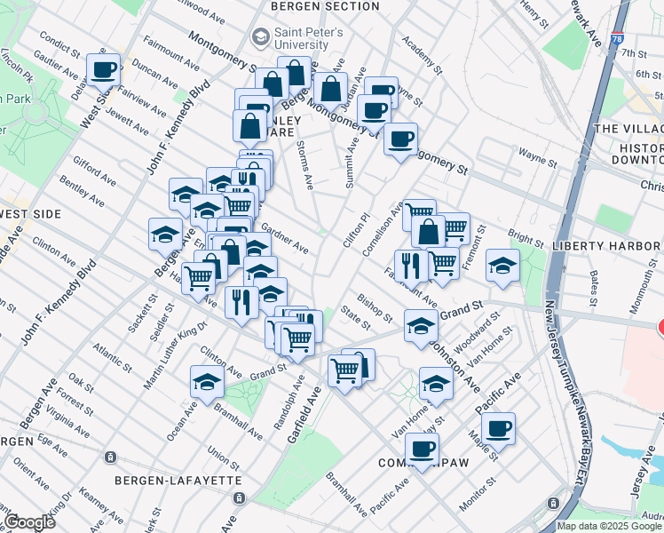 map of restaurants, bars, coffee shops, grocery stores, and more near 110 Summit Avenue in Jersey City
