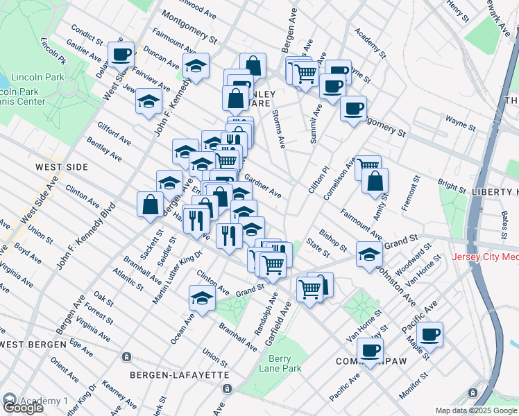 map of restaurants, bars, coffee shops, grocery stores, and more near 21 Belmont Avenue in Jersey City